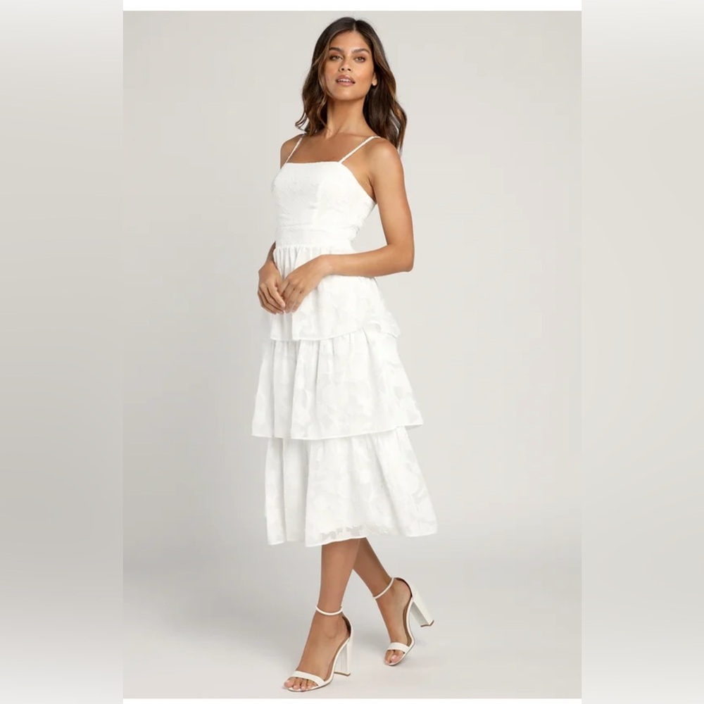 Lulu's White Tiered Midi Dress with Spaghetti Straps